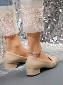 Women High Heel Shoes, Pointed Toe Ruched Mid Heel Slip-On Dress Pumps, Comfortable Versatile Black High Heels - Apricot - View 4