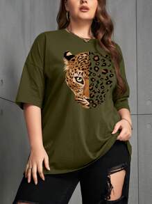 INAWLY Plus Size Leopard Print Round Neck Drop Shoulder T-Shirt, Graphic Cheetah Print Tees Women Tops - Army Green - View 5
