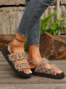 Sommer-keilsandalen Für Damen Mit Boho Druck, Dickem Absatz Und Fransen- Und Schnallendesign - Braun - Übersicht 4
