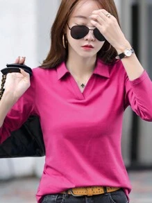 INAWLY 女士纯色长袖休闲 T 恤 - 玫紅色 - 查看 4