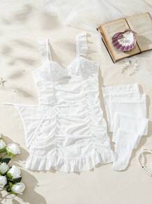 SHEIN Vestido de lencería con encaje y entredós, con bajo con volantes para mujeres