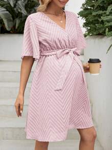 SHEIN Maternity Loose Fit V-Neck Casual Dress - Pink - View 3