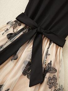 Franclia 拼色蝴蝶刺绣网眼连衣裙 长款度假海滩装 女款 - 黑色 - 查看 5