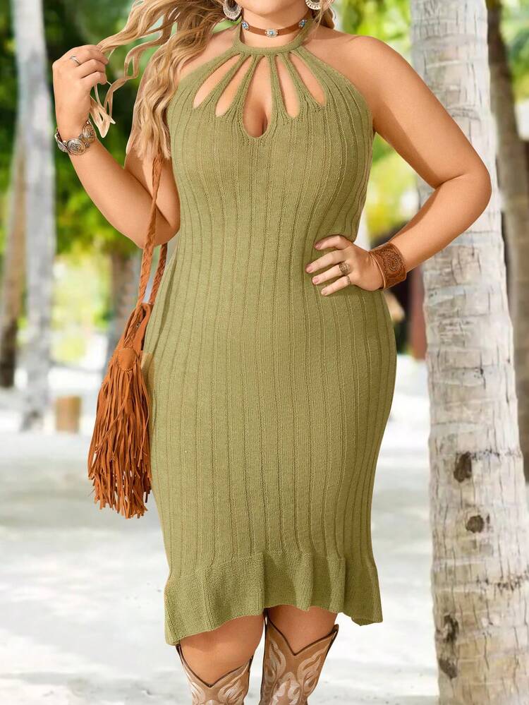 Plus Size Solid Color Hollow Out Ruffle Hem Backless Halter Sweater Dress