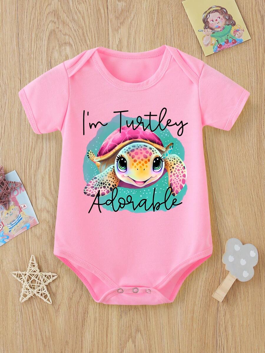 SHEIN Bộ đồ liền thân ngắn tay in hình chú rùa & khẩu hiệu dễ thương cho bé gái - Hồng - Xem 1