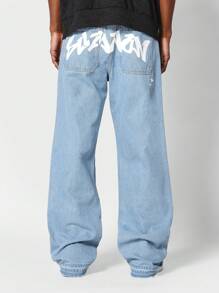 SUMWON Loose Fit Jean With Front And Back Graphic Print - Light Wash - View 1