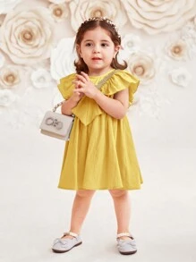 SHEIN 嬰幼兒女童寬鬆無袖純色荷葉邊連身裙 - 黃色 - 查看 6