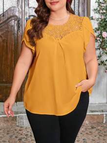 SHEIN Clasi Plus Size Lace Patchwork Round Neck Petal Sleeve Shirt With Ruffle Trim - Yellow - View 1
