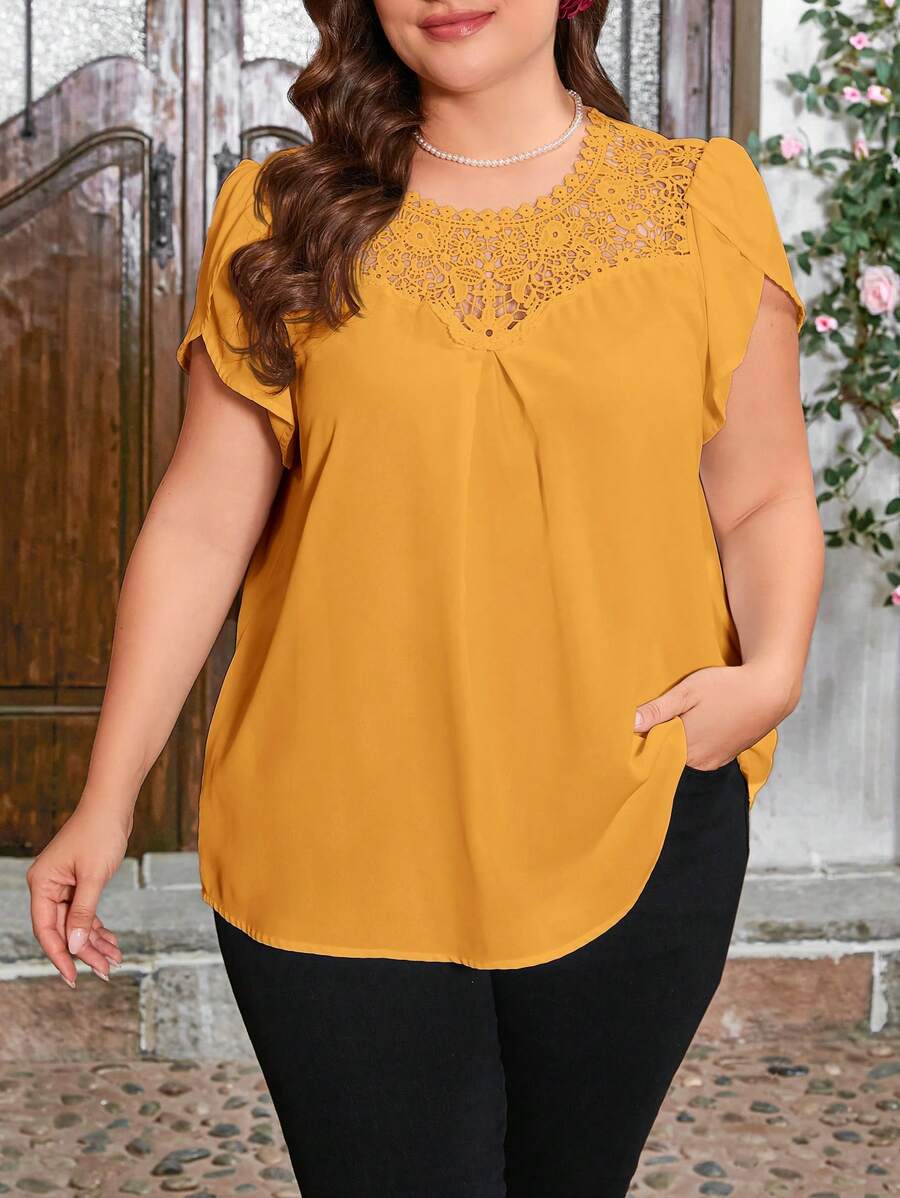 SHEIN Clasi Plus Size Lace Patchwork Round Neck Petal Sleeve Shirt With Ruffle Trim - Yellow - View 1