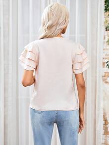 SHEIN Clasi Camisa Coral Casual De Cuello En V, Con Detalles De Volantes Y Decoración De Color Sólido - Albaricoque - Ver 2