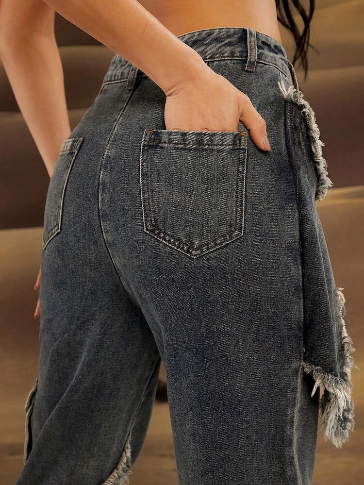 Star Frayed Wide Leg Cargo Jeans