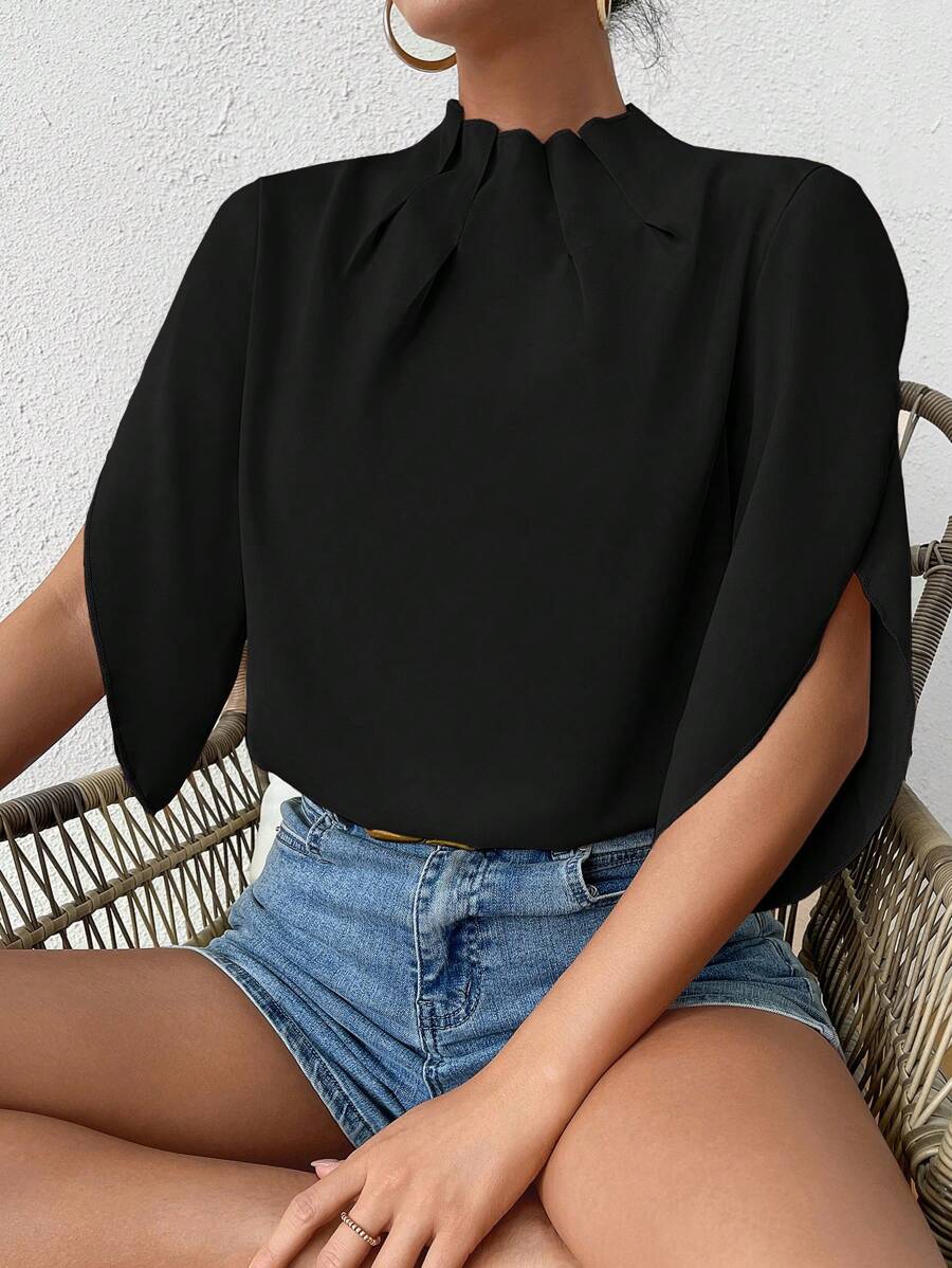 SHEIN Clasi 纯色立领褶裥花瓣袖衬衫 - 黑色 - 查看 1