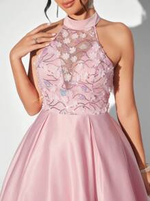 SHEIN Belle Thanh lịch Của phụ nữ Dán in hoa Lưới Halter Neck Đầm tiệc rượu - Bụi hồng - Xem 1