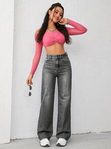 Jeanoix 女式時尚水洗直筒寬松牛仔褲,有破舊細節 - 灰色 - 查看 3