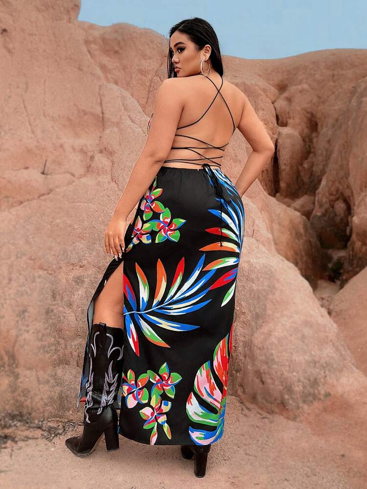 Plus Size Women's Tropical Plant Printed Halterneck Dress