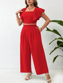 SHEIN Clasi 大尺碼實色方領短袖上衣,帶褶邊袖子和直筒褲,休閒風格 - 紅色 - 查看 3