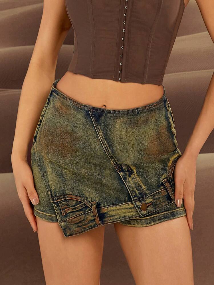 Asymmetric Wrap Overlay Denim Skort