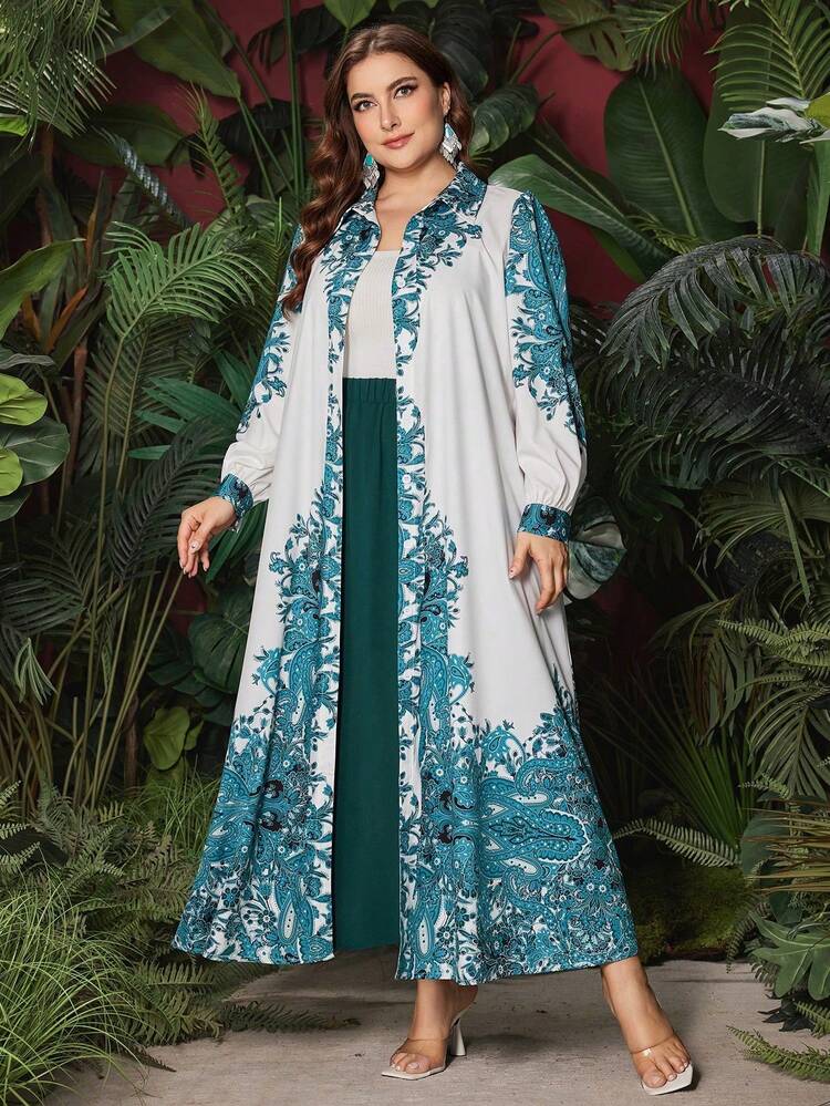 Plus Size Women's Printed Long Sleeve Shirt And Skirt Set