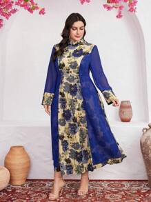 Mulvari Plus Size Floral Patchwork Print Tie Waist Long Sleeve Dress - Blue - View 7