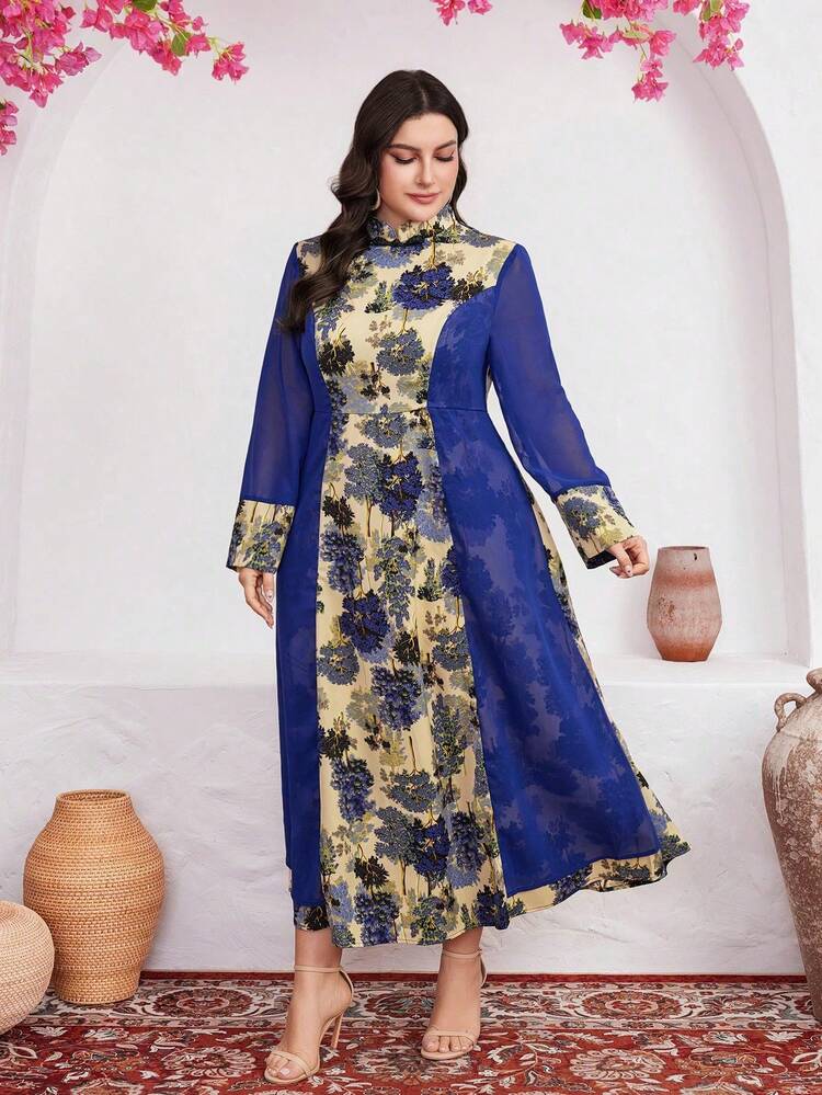 Plus Size Floral Patchwork Print Tie Waist Long Sleeve Dress