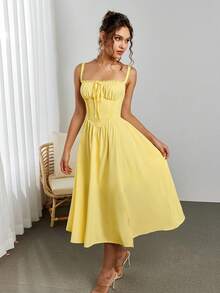 PARTHEA Tie Front Lace Spliced Ruched Bodycon Dress Sun Dresses - Yellow - View 7