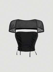 SHEIN MOD 女士黑色针织与网眼撞色露背肩带上衣 - 黑色 - 查看 1