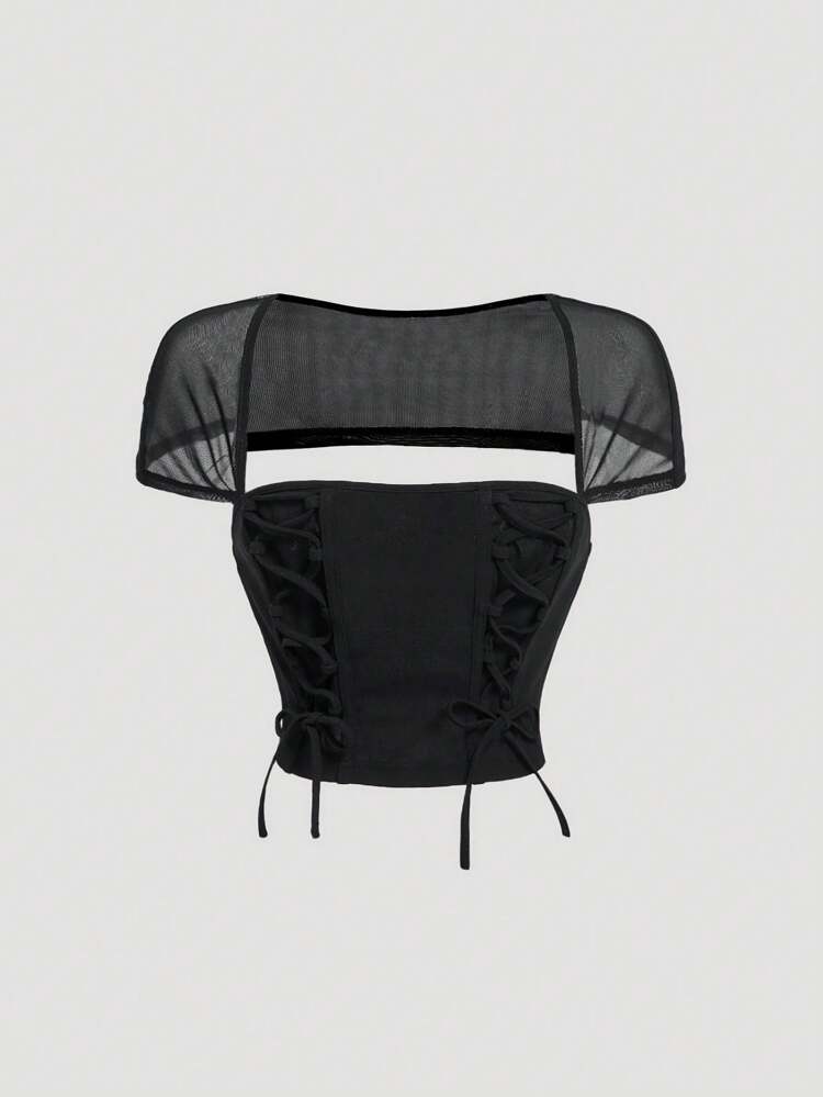 Black Knitted & Mesh Contrast Backless Top With Strap For Women