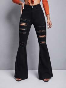 SHEIN Essnce Ripped Frayed Flare Leg Jeans - Black - View 1