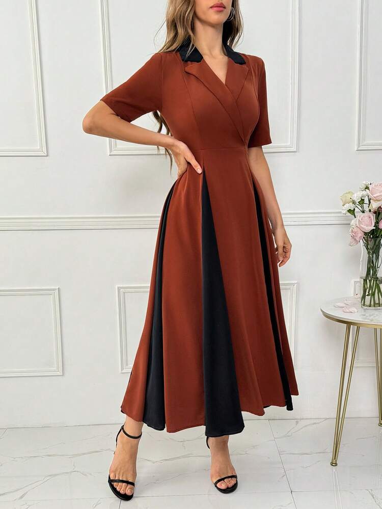 Women's Colorblock Collar & Waist Tie Detail Dress Long Evening Dresses