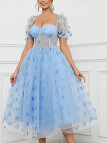 SHEIN Belle 女士浪漫優雅藍色心形亮片圖案網紗泡泡袖甜心領半透結構氣泡裙，適合音樂節、畢業季、正式酒會晚禮服 - 淺藍色 - 查看 4