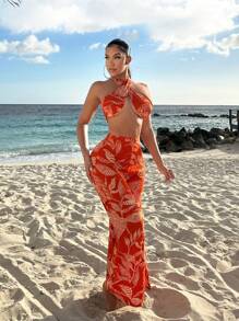 SHEIN SXY Orange Two Pieces Sets Summer Sets Boho Women Clothing Beach Vacation Women Clothes Linen - Orange - View 3