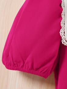 SHEIN 少女時尚可愛短袖連衣裙,對比顏色,刺繡細節,海軍領和氣泡裙邊 - 玫紅色 - 查看 3