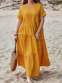 EMERY ROSE Vestido Amarillo De Verano Para Mujer Con Cuello Redondo, Manga Corta Y Dobladillo Con Volantes En Talla Grande - Mostaza Amarilla - Ver 4