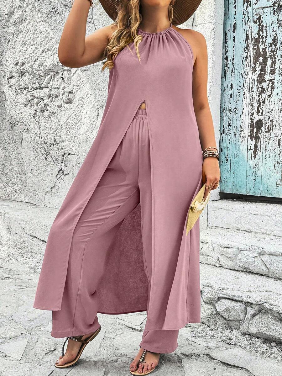 SHEIN Clasi 大尺碼純色寬鬆休閒2件式套裝 - 粉色 - 查看 1