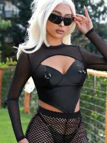 SHEIN ICON Của phụ nữ Y2K Liên hoan âm nhạc Rave Quốc gia Buổi hòa nhạc Mùa hè chất liệu da PU Nối Lưới Xu hướng: Cắt giảm Đen Áo thun - màu đen - Xem 2