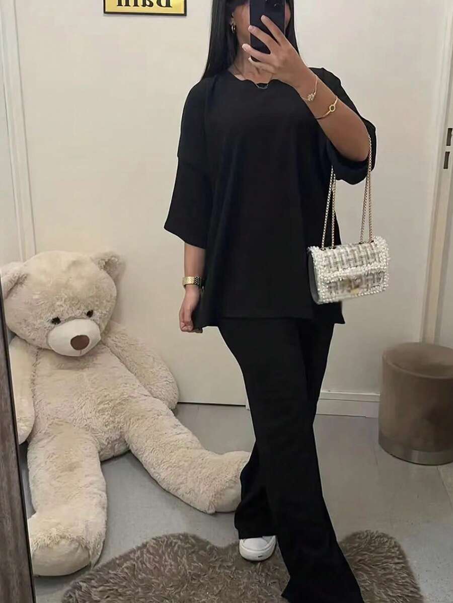 INAWLY Conjunto de 2 piezas de talla grande para mujer, de color liso y sencillo - Negro - Ver 1