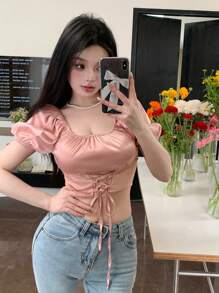 DAZY Của phụ nữ Ngắn tay Áo sơ mi Với Bong bóng Tay áo , Cổ vuông , Dây rút Và Thắt lưng - Hồng - Xem 10