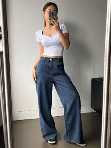 DAZY 斜向口袋寬腿牛仔褲,石洗加工 - 深色水洗藍 - 查看 3