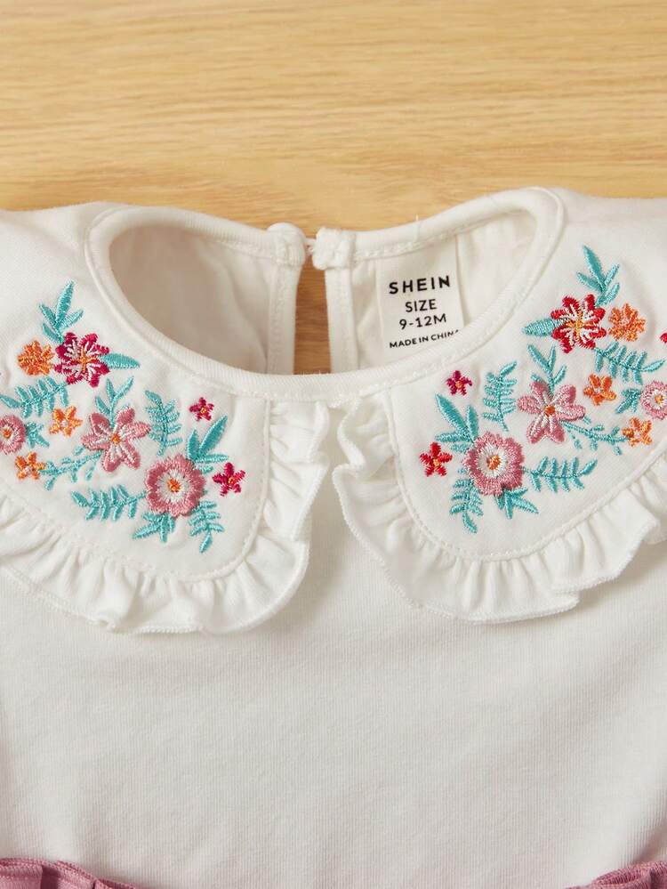 Baby Girl Summer Adorable Knitted Floral Pattern Peter Pan Collar Short Sleeve Top & Solid Pleated Skirt Set