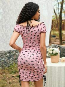 Soleia 蕾絲拼接蝴蝶結圖案百褶泡泡袖連身裙 - 粉色 - 查看 2