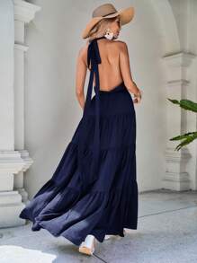 SHEIN LUNE Vestido de cuello halter sin espalda con cintura empire y abertura alta en color liso - Azul Marino - Ver 2