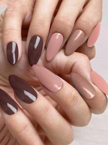 VV MEI JIA ER 96 件秋季按压指甲礼物长杏仁全覆盖假指甲法式尖头指甲 4 色按压细高跟指甲适合女士和女孩纯色假指甲套装（棕色指甲套装）+ 1 片胶带和 1 个指甲锉 - 棕色 - 查看 3