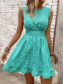 Breezaya Sleeveless Vest-Style Women's Dress - Waist-Cinched Shirring Design, Stone Flower Printed Fabric Slimming Midi Dress; Solid Color Spaghetti Strap Halter Neck Women's Dress