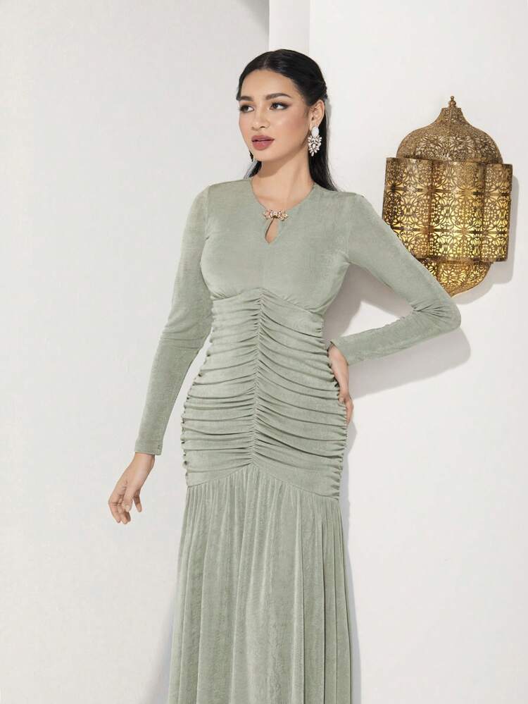 Women's Long Sleeve Ruffle Pleated Hem Midi Dress Long Evening Dresses