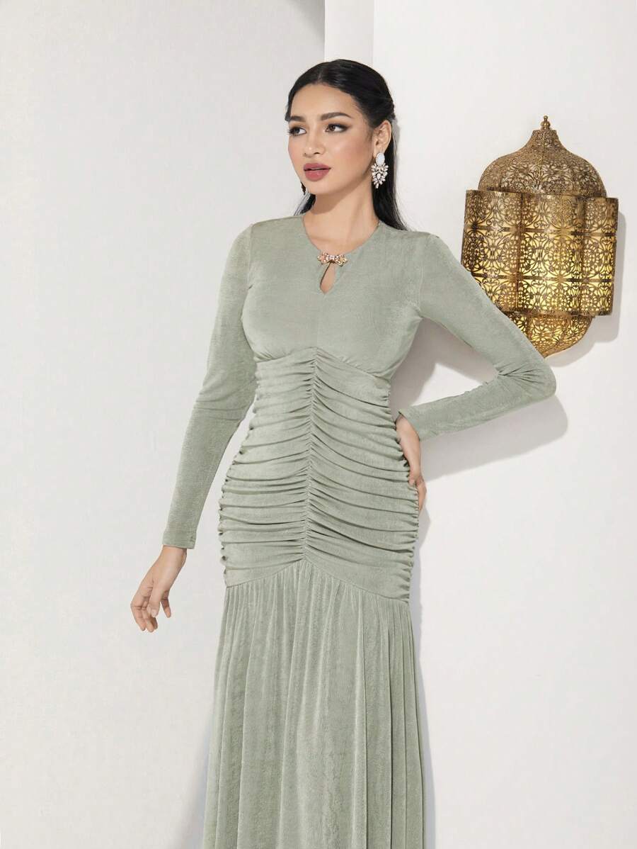 Modelyn Abito midi da donna a maniche lunghe con volant e orlo plissettato, abiti da sera lunghi