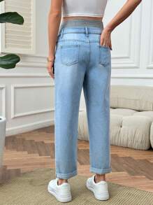 SHEIN Casual & Comfy Maternity Jeans With Knit Ripped Holes And Adjustable Waistband - Multicolor - View 2