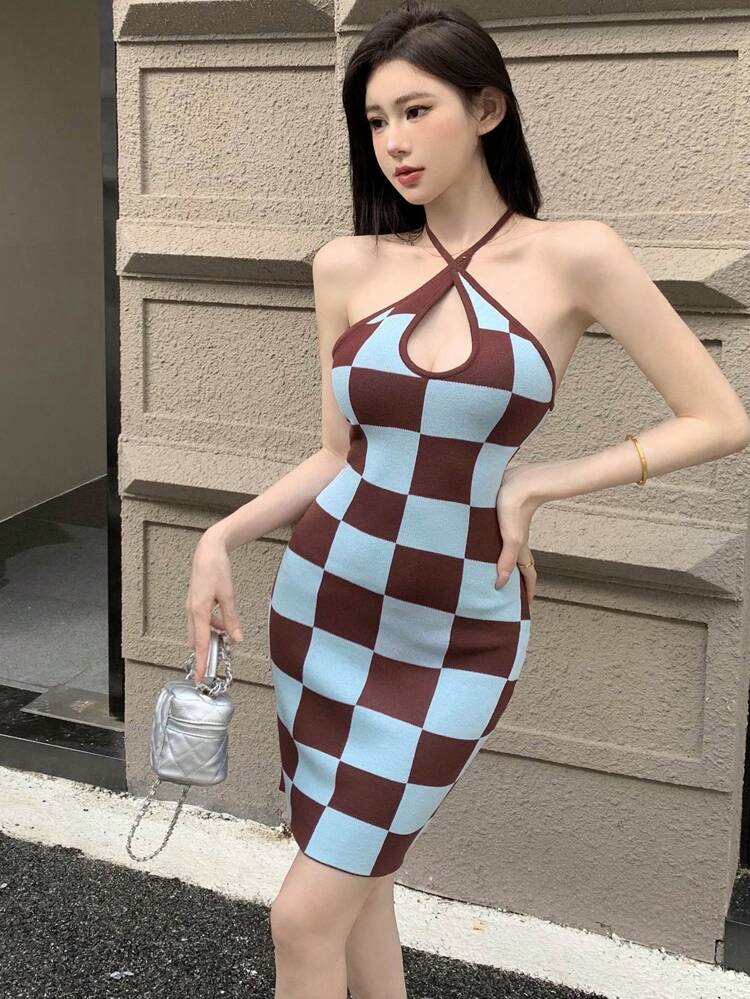 Women's Grid Cross Halter Neck Design Sweater Dress With Sense Of Style Cruise Women Outfits Plaid Prom Dress