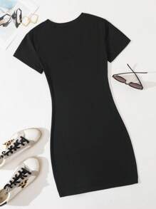 Kích thước lớn Của phụ nữ Giày cao gót & In Khẩu hiệu Ngắn tay Đầm - màu đen - Xem 2