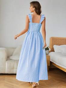 SHEIN Privé 無袖甜心背心格紋連身裙,蝴蝶裝飾 - 藍色 - 查看 2