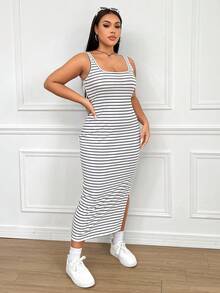 CovetEZ Abito canotta donna taglie forti con spacchi laterali a righe - Bianco e nero - Visualizzare 5